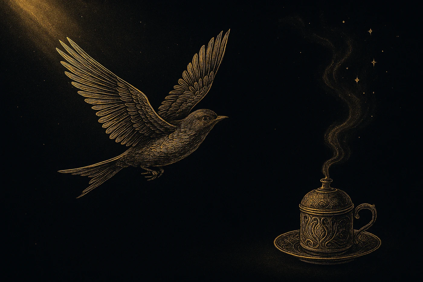 Antika gold-engraved kuş ve fincan, kahve falı sembol hikayesi