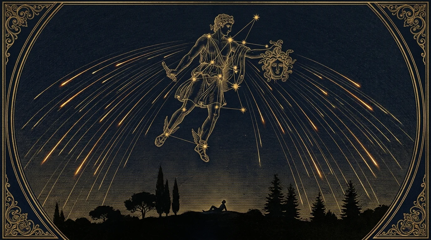 Altın yaldızlı oyma stilinde Perseus takımyıldızı ve omzundan dökülen meteor yağmuru