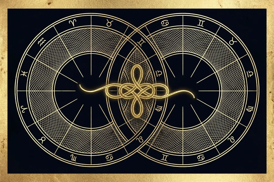 Altın iplikle birbirine bağlanmış iç içe iki doğum haritası çarkı, gold-on-void engraving