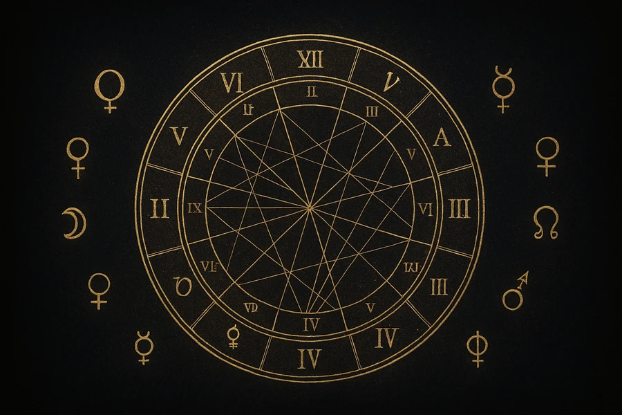 Detaylı doğum haritası çemberi, on iki ev ve gezegen sembolleri