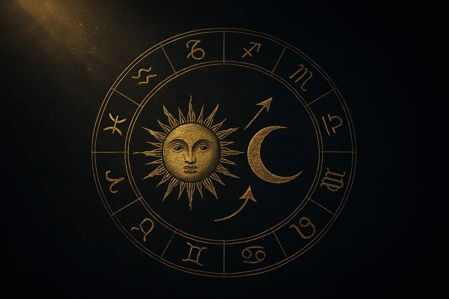 Güneş, Ay ve Yükselen üçlüsü zodyak çemberinde, altın gravür