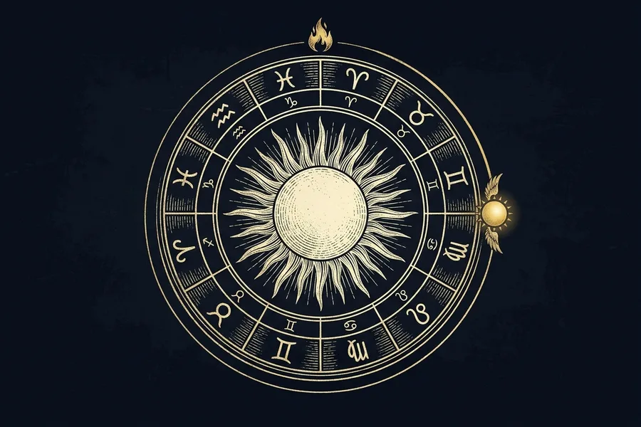 On iki dilimli yıllık çember ve merkezde ışıyan güneş, gold-on-void engraving, gökyüzü yılı