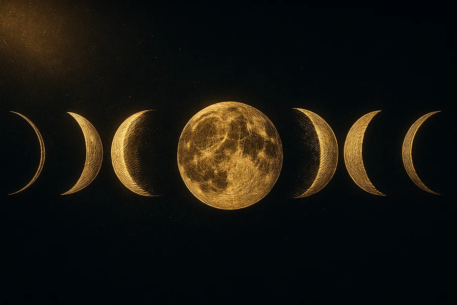 Sekiz ay fazı, yeniay hilal dolunay küçülen, altın yaldız