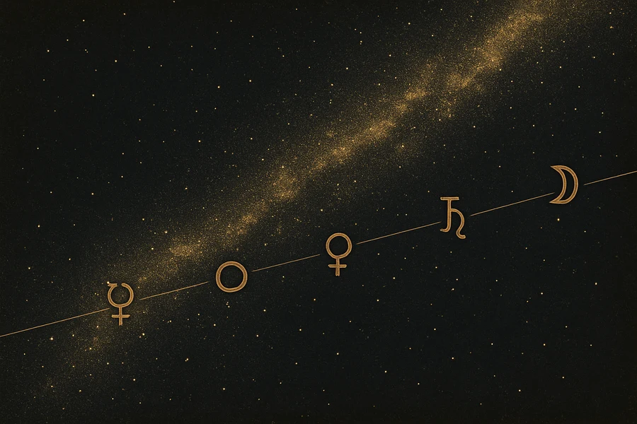 Mevcut gökyüzü, Samanyolu ve gezegen sembolleri ekliptik üzerinde