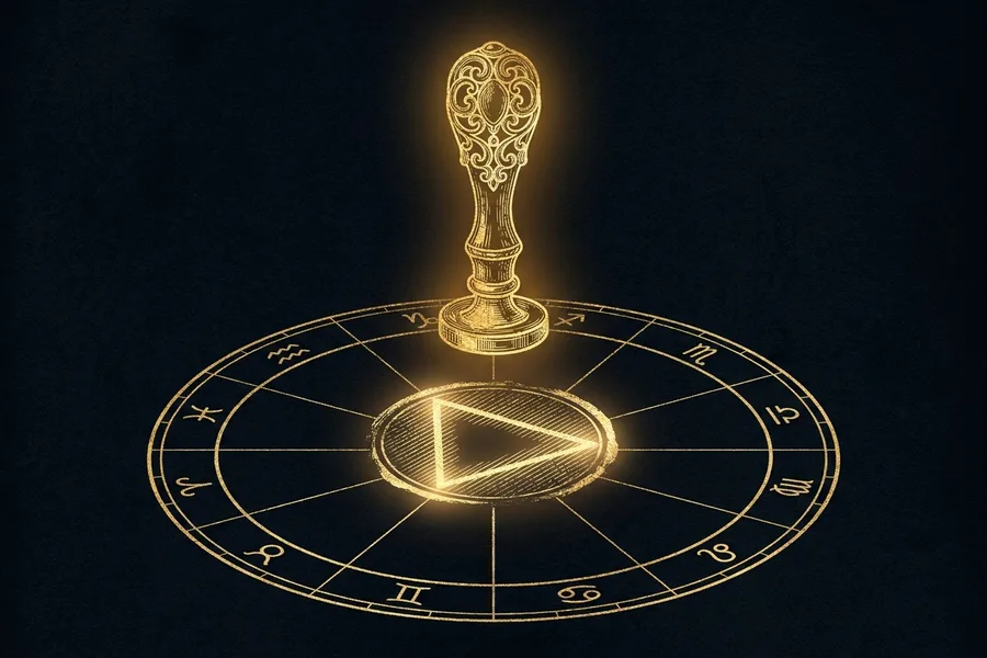 Doğum haritası çarkına mühür basan altın damga, nadir yıldız deseni, gold-on-void engraving