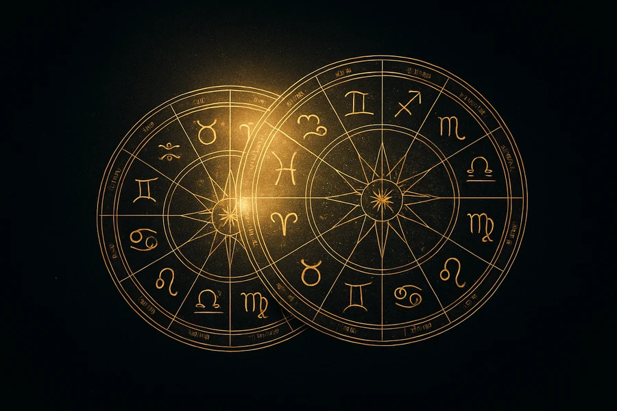 İki zodyak çemberi iç içe, sinastri ilişki uyumu