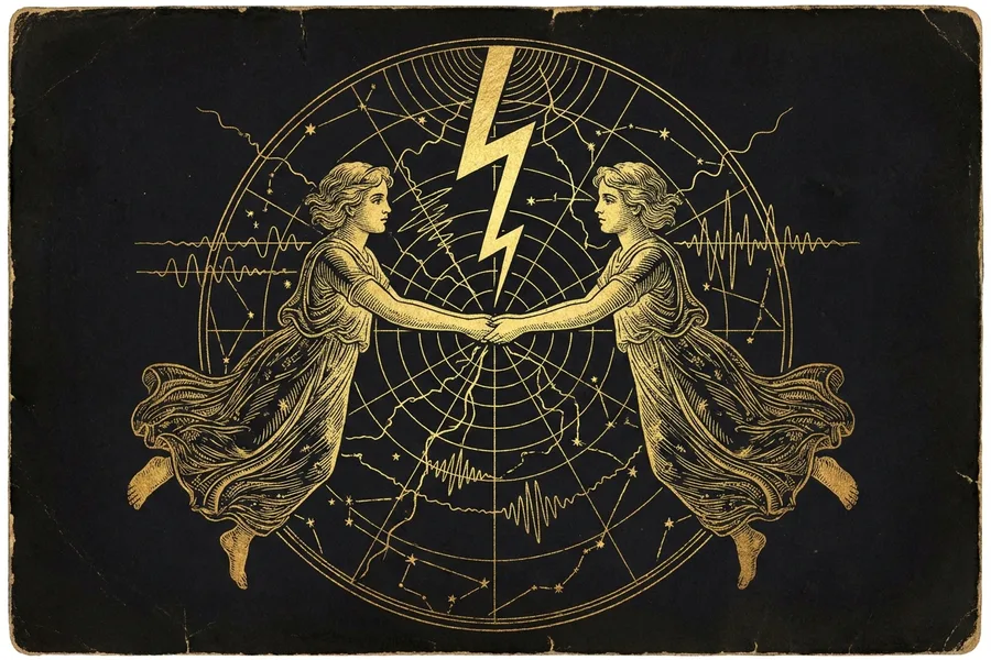 İkizler takımyıldızının arasına düşen yıldırım ve yayılan haberleşme hatları, gold-on-void engraving