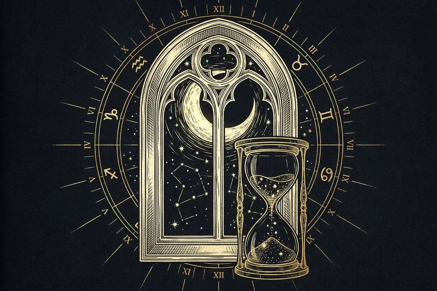 Yıldız kumlu kum saati ve kemerli gök penceresi, gold-on-void engraving, zaman penceresi