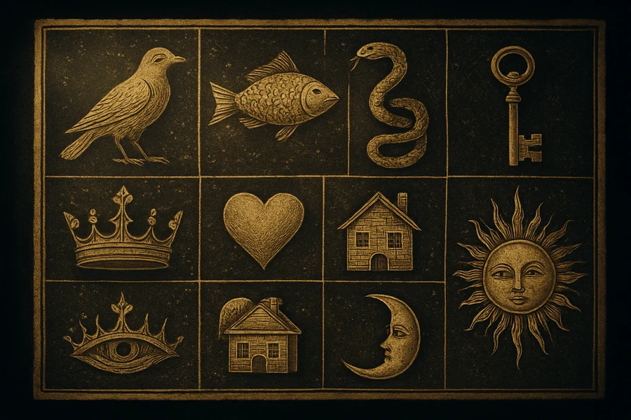 Antika illuminated manuscript, kahve falı sembolleri grid