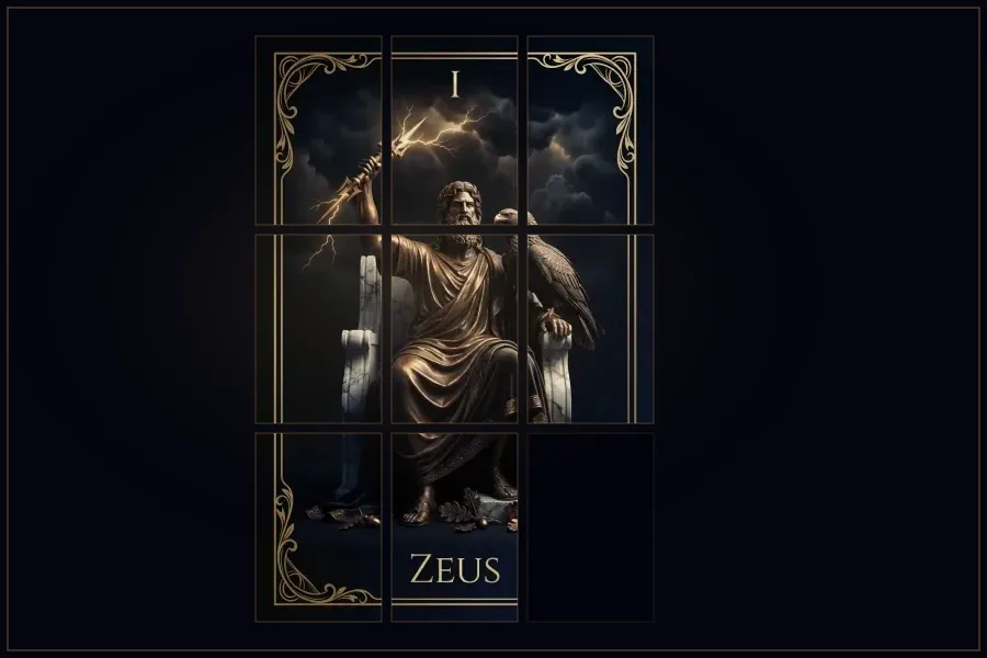Altın çerçeveli bir Mitik Arkana kartının karelere bölünüp kaydırmalı bulmacaya dönüştüğü görsel, void zeminde, Mythic Arkana Puzzle