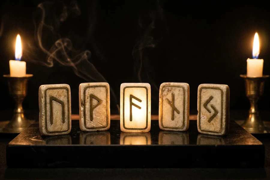 Altın çizgili kadim astrolojik sembollerin bir dizisi, void zeminde belirip kaybolan glifler, Ancient Symbol Sequence hafıza oyunu