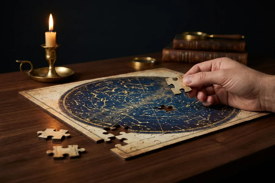 Mum ışığında ahşap bir masada yarım kalmış bir yapboz, altın dilli parçalar ve gökyüzü haritası görseli, Göksel Mozaik jigsaw puzzle