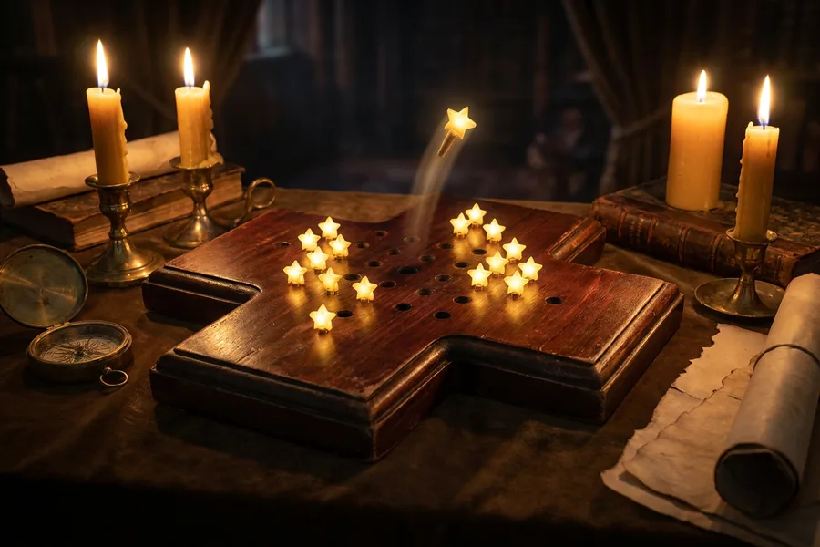 Mum ışığında haç biçimli ahşap bir tahtada altın yıldız taşları, biri havada atlarken, Solo Test peg solitaire
