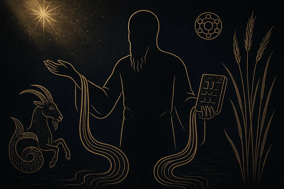 Enki, Bilgelik, tatlı su, hayat ve hile, alchemical engraving silüet