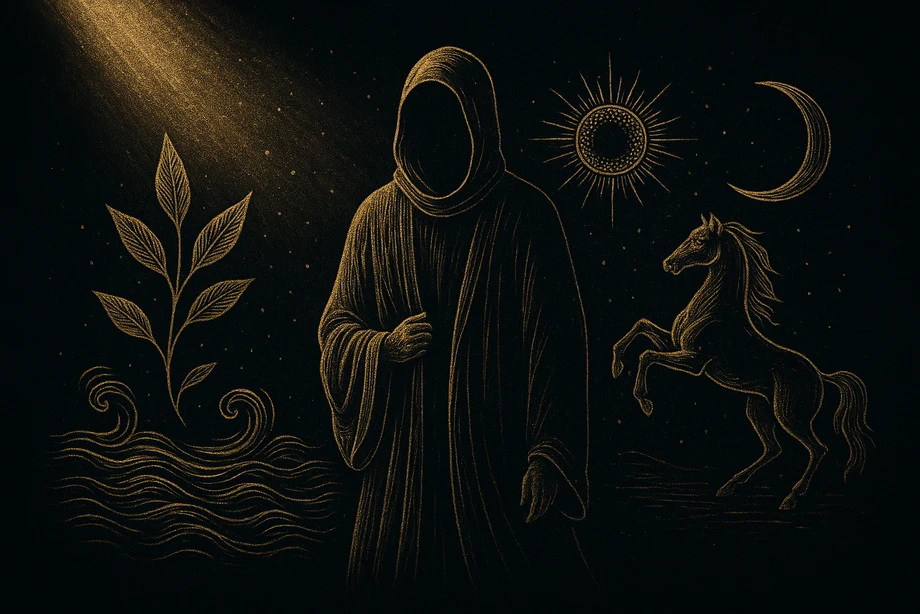 Hızır, Hayat suyu, dilek, gizli yardımcı, alchemical engraving silüet