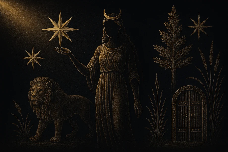 Inanna, Aşk, savaş, Venüs yıldızı, alchemical engraving silüet