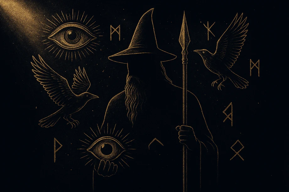 Odin, Bilgelik, kurban, kehanet, savaş, alchemical engraving silüet