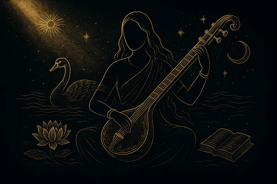 Sarasvati, Bilgi, sanat, müzik, su, alchemical engraving silüet