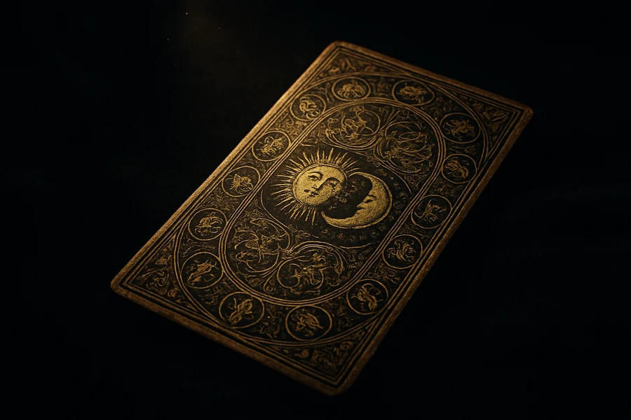 Tek antika tarot kartı kadife üzerinde, altın yaldız sırt