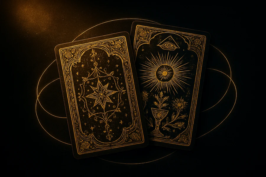 İki tarot kartı yan yana, altın bağlantılar
