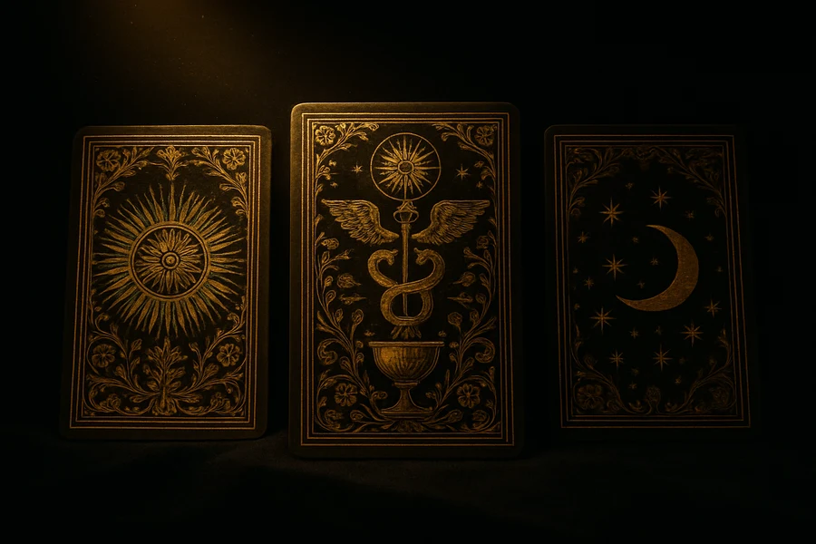 Üç tarot kartı yan yana, geçmiş şimdi gelecek