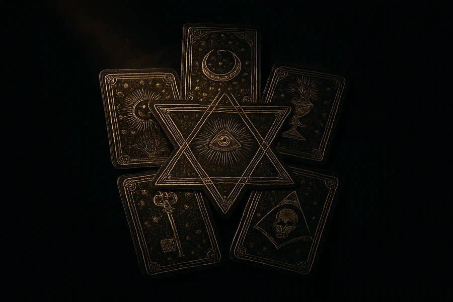 Altı köşeli yıldız patterninde altı tarot kartı, hexagram yayılımı