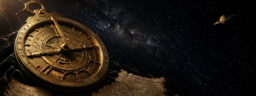 Antika pirinç astrolabe, Samanyolu ve Satürn arka planında, Studio Siderea astroloji bölümü