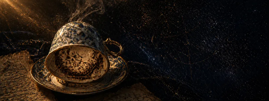 Ters çevrilmiş antika Türk kahve fincanı, dumanı yükselen telve sembolleri, Studio Siderea kahve falı bölümü