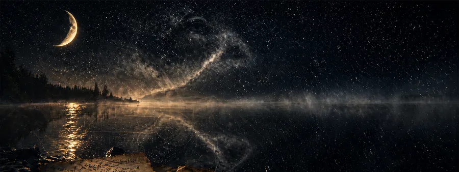 Hilal ay altında yıldızlı gökyüzü yansıyan kara ayna göl, sis ve sessizlik, Studio Siderea rüya tabiri bölümü