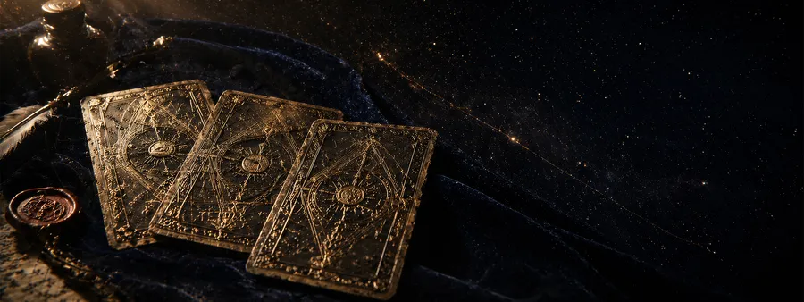 Üç antika tarot kartı kadife yüzeyde, altın yaldızlı sırtları, Studio Siderea tarot bölümü