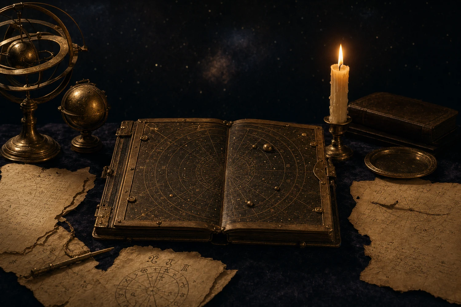 Antika doğum haritası ve mum, premium seans atmosferi